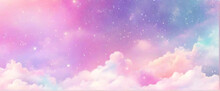 Holographic Fantasy Rainbow Unicorn Background With Clouds And Stars. Pastel Color Sky. Magical Landscape, Abstract Fabulous Pattern. Cute Candy Wallpaper. Vector. 