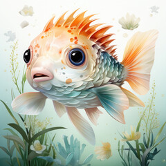 Sticker - Watercolor Colorful Pufferfish Illustration, Generative Ai