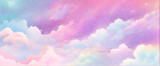 Holographic fantasy rainbow unicorn background with clouds and stars. Pastel color sky. Magical landscape, abstract fabulous pattern. Cute candy wallpaper. Vector. 