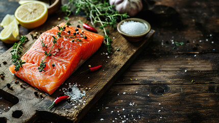 Wall Mural - Salmon fillet with herbs and spices on a dark background