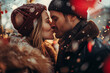 Handsome couple kissing in winter during valentine's day