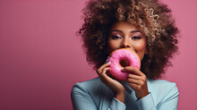 African American Woman Eating Donut Isolated On Pink Background, Junk Unhealthy Food Diet Concept Copy Space, Valentine Day, Sweet Tasty Life, Valentine Day, International Women Day, 8 March