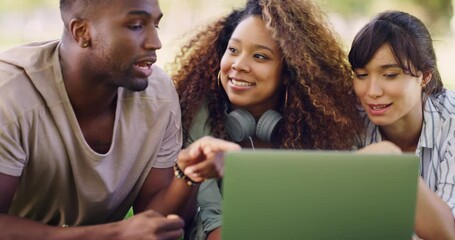 Poster - Laptop, talking or friends in park on social media chat on internet post or website outdoor. Diversity students, man or funny women in nature studying, searching or typing online for education