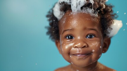 Portrait of happy smiling baby with shampoo foamy head on light blue background, Kids hygiene, Shampoo, hair treatment and soap for children