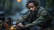 Portrait Of An Elderly African American Homeless Man Sitting On The Street, Sharing His Meal With His Hungry Dog, Depicting The Harsh Realities Of Poverty, Misery, Homelessness, And The Need For Socia