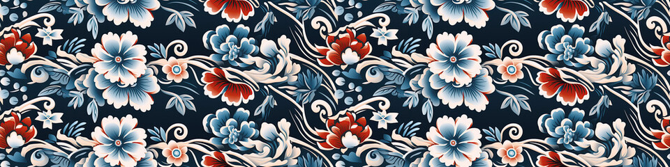Wall Mural - traditional ethnic oriental asian japanese floral seamless pattern with flowers on red blue background