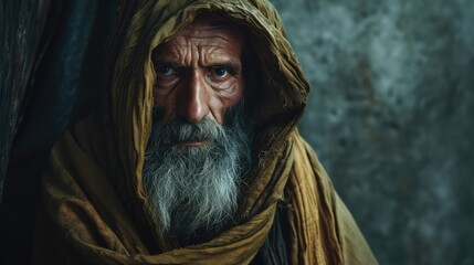 Wall Mural - Portrait of an old Patriarch with a long gray beard in a yellow shawl. Biblical character.