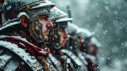 Photorealistic portrait of roman soldiers in armor under the snow. Biblical character. Historical character.