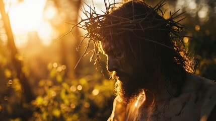 Wall Mural - Jesus Christ with crown of thorns in the sunligt. Photorealistic portrait. Close-up.