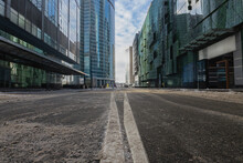 A Street With Skyscrapers With Road Markings In Winter In Moscow City.