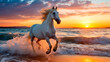 Wild white horse galloping free at the beach against beautiful sunset.