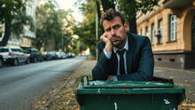 A bankrupt businessman sitting next to a dumpster poster with copy space.