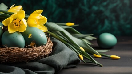 Wall Mural - Easter holiday celebration banner greeting card banner with blue gold green painted eggs in a bird nest basket and yellow flowers on table