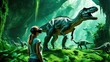 A fifteen-year-old girl in virtual reality glasses watches the age of dinosaurs