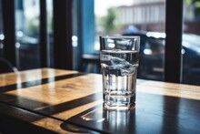 Glass Of Water On Wooden Table At The Cafe