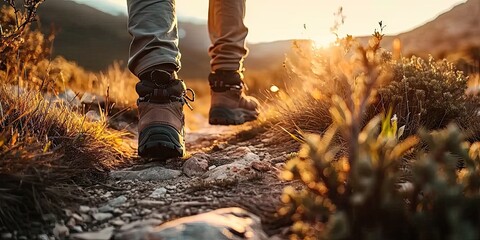 autumn adventure. closeup of hiker boots on nature trail. trekking through fall. feet on vibrant for