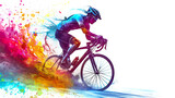 a man ride a bike colorful splash isolated on white background.