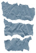 Three scraps of blue-gray torn paper isolated on a background. Abstract paper texture for design. Copy space.