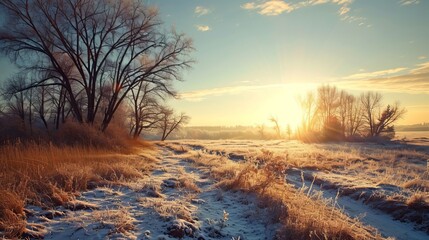 Canvas Print - a snowy field with trees and a blue sky