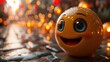 Cute, cartoon 3d smiling orange ball with blue eyes, with copy space