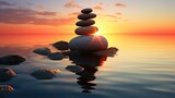 Fototapeta Desenie - A 3d landscape that features pebbles balancing on a sunset sea.