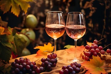 two glasses of wine set against a backdrop of colorful grape leaves