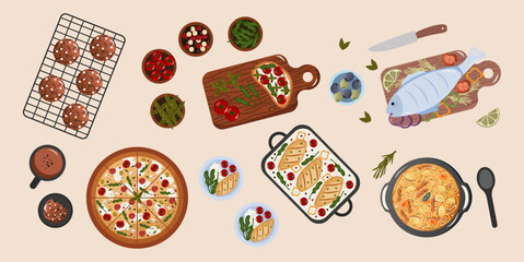 Illustration of different traditional food collection. Soup, pizza, fish, chicken, biscuits. Flat design vector