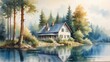 Watercolor Landscape with a House Sitting by a Lake in The Forest 2. Generative AI.