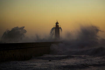 Poster - Portuguese Lighthouse with stormy Atlantic wave.