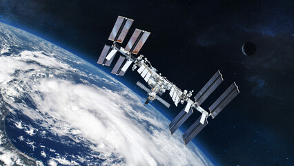 Wall Mural - iss with solar panel discovery earth atmosphere. element of this image furnished by nasa.