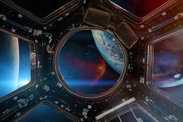 fantastic view from a porthole of spacecraft on big alien planets. elements of this image furnished 