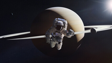 Wall Mural - astronaut in deep space with saturn planet. elements of this image furnished by nasa.