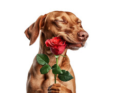 Charming Red-haired Vizsla Dog With Eyes Closed Holds A Red Rose