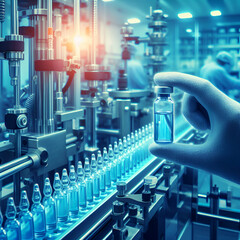 Wall Mural - Medical check vials on production line at pharmaceutical factory, research laboratory, science laboratory. Scientist working in laboratory, medical lab blue soft light background