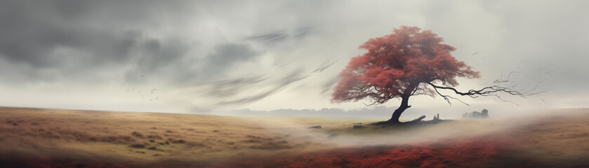 Wall Mural - Lonely pink tree on a meadow banner