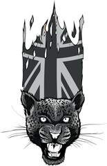 Poster - monochromatic illustration of leopard head with british flag