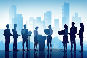 Fototapete - Business People Meeting Discussion Cityscape Silhouette Background Vector Illustration, Business team standing and speaking, AI Generated