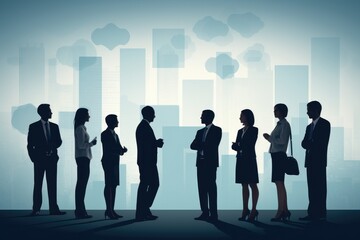 Fototapete - Silhouettes of business people on abstract city background. Teamwork concept, Business team standing and speaking, AI Generated