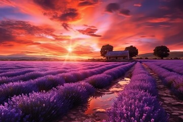 Wall Mural - Lavender field at sunset in Provence, France, Beautiful lavender field landscape view at sunset, AI Generated