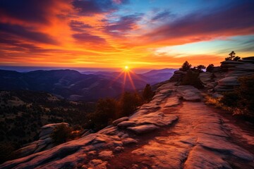 Canvas Print - Sunset in Sandstone Mountains National Park, Colorado, USA, Beautiful sunset in the mountains at the top of a hike, and in the valley, AI Generated