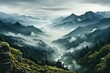 Photo of a serene mountain landscape with misty peaks. Generative AI
