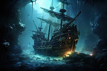 Wall Mural - Pirate ship in the sea. 3D rendering. Fantasy, AI Generated