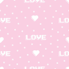 Poster - Seamless pattern in 2000s style with hearts and the word love on a pink background. Vector illustration for Valentine's Day. Template for card, fabric, textile, wallpaper, paper, packaging