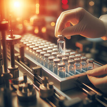 Medical Check Vials On Production Line At Pharmaceutical Factory, Research Laboratory, Science Laboratory. Scientist Working In Laboratory, Medical Lab Red Soft Light Background