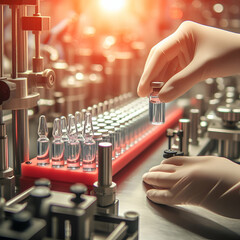 Wall Mural - Medical check vials on production line at pharmaceutical factory, research laboratory, science laboratory. Scientist working in laboratory, medical lab red soft light background
