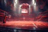 Fototapeta Sport - Basketball arena with neon lights, 3d rendering toned image, AI Generated