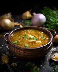 soup with onions on the dark background