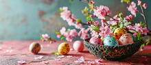 Easter Holiday Celebration Banner Greeting Card Banner With Easter Eggs And Flowers On Table