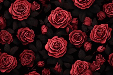 Red and black roses with dark floral print pattern for wallpaper