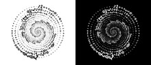Abstract Numbers One And Zero In A  Spiral. Big Data Or Chaos Concept, Logo Icon Or Tattoo. Black Shape On A White Background And The Same White Shape On The Black Side.